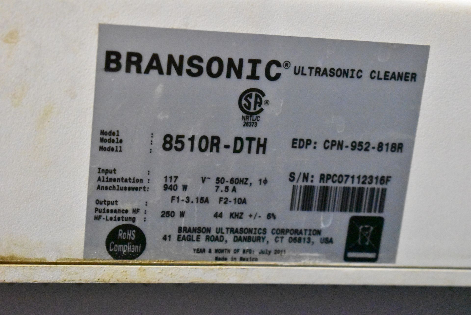 BRANSONIC 8510R-DTH ULTRASONIC CLEANER, S/N: RPC07112316F - Image 4 of 4