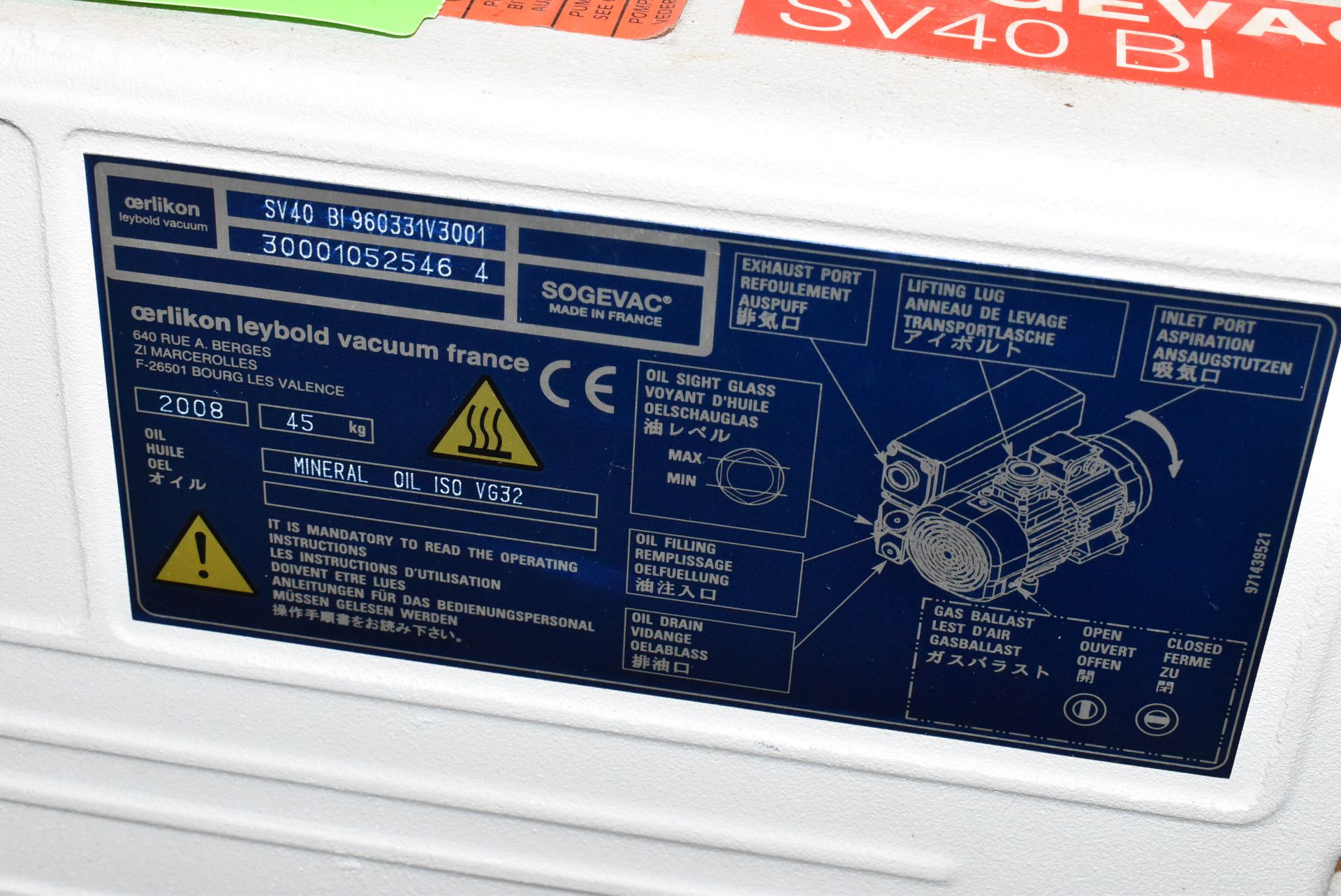 SOGEVAC SV40 BI 1.7 HP ROTARY VANE VACUUM PUMP WITH 1440 RPM, 230V/50-60HZ, S/N: 30001052546 4 - Image 2 of 4