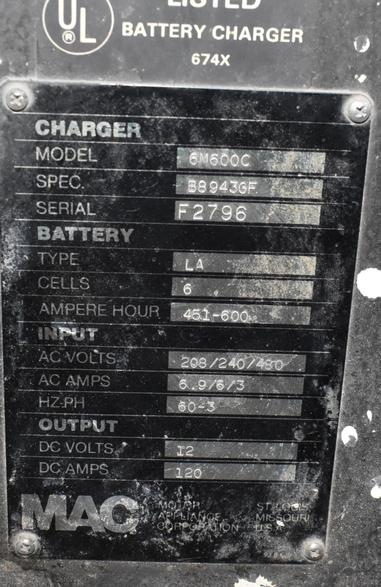 MAC 6M600C 12 V BATTERY CHARGER, S/N B8943GF (CI) - Image 2 of 4