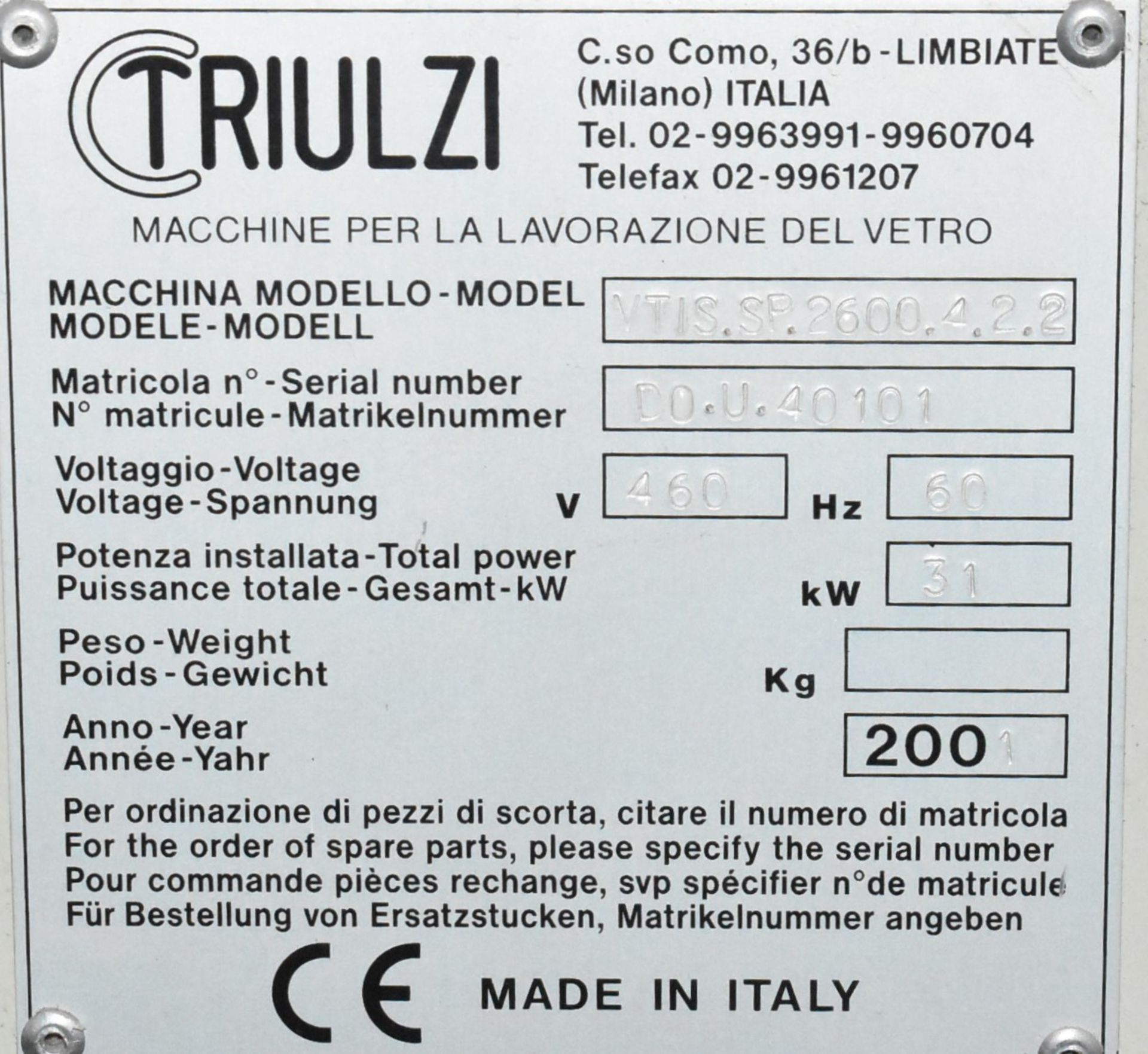 TRIULZI (2001) VTIS.SP.2600.4.2.2 VERTICAL GLASS WASHER WITH 110" MAX GLASS WASH OPENING, 99.5" X - Image 9 of 12