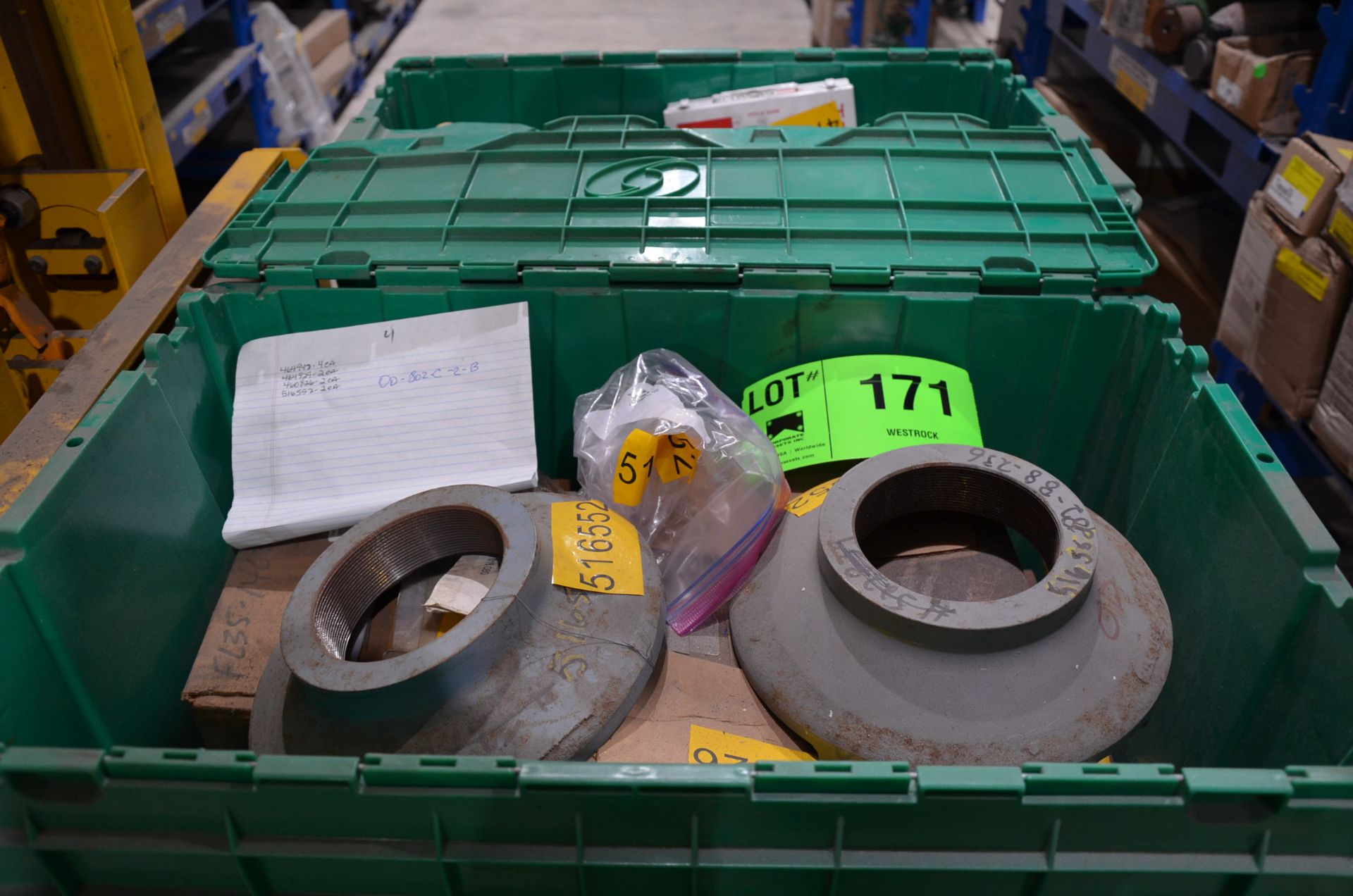 LOT/ CONTENTS OF SHELF - BINS WITH PARTS AND FLANGES