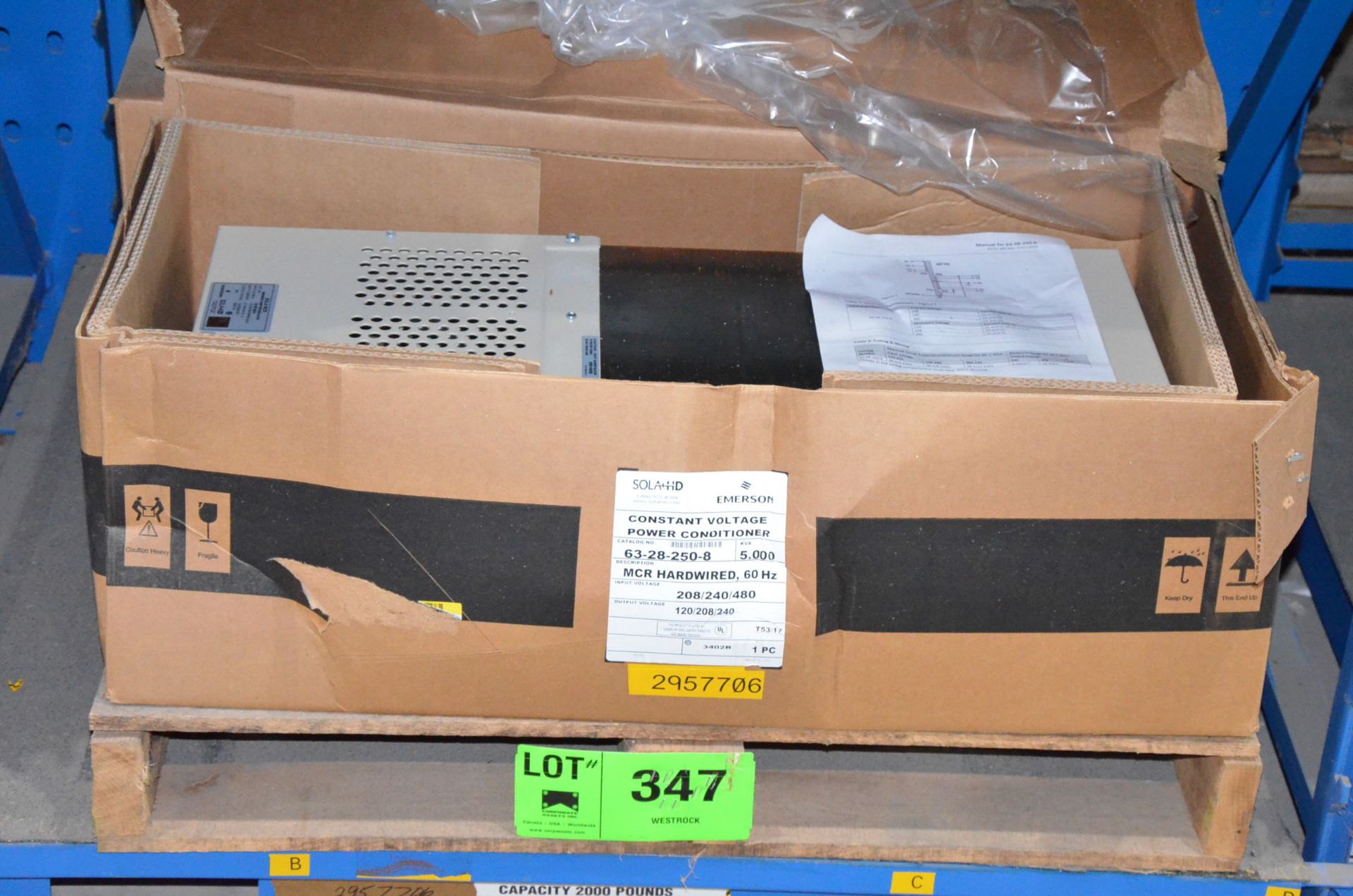 LOT/ CONTENTS OF SHELF - (2) EMERSON SOLA HD 63-28-250-8 CONSTANT VOLTAGE POWER CONDITIONERS WITH