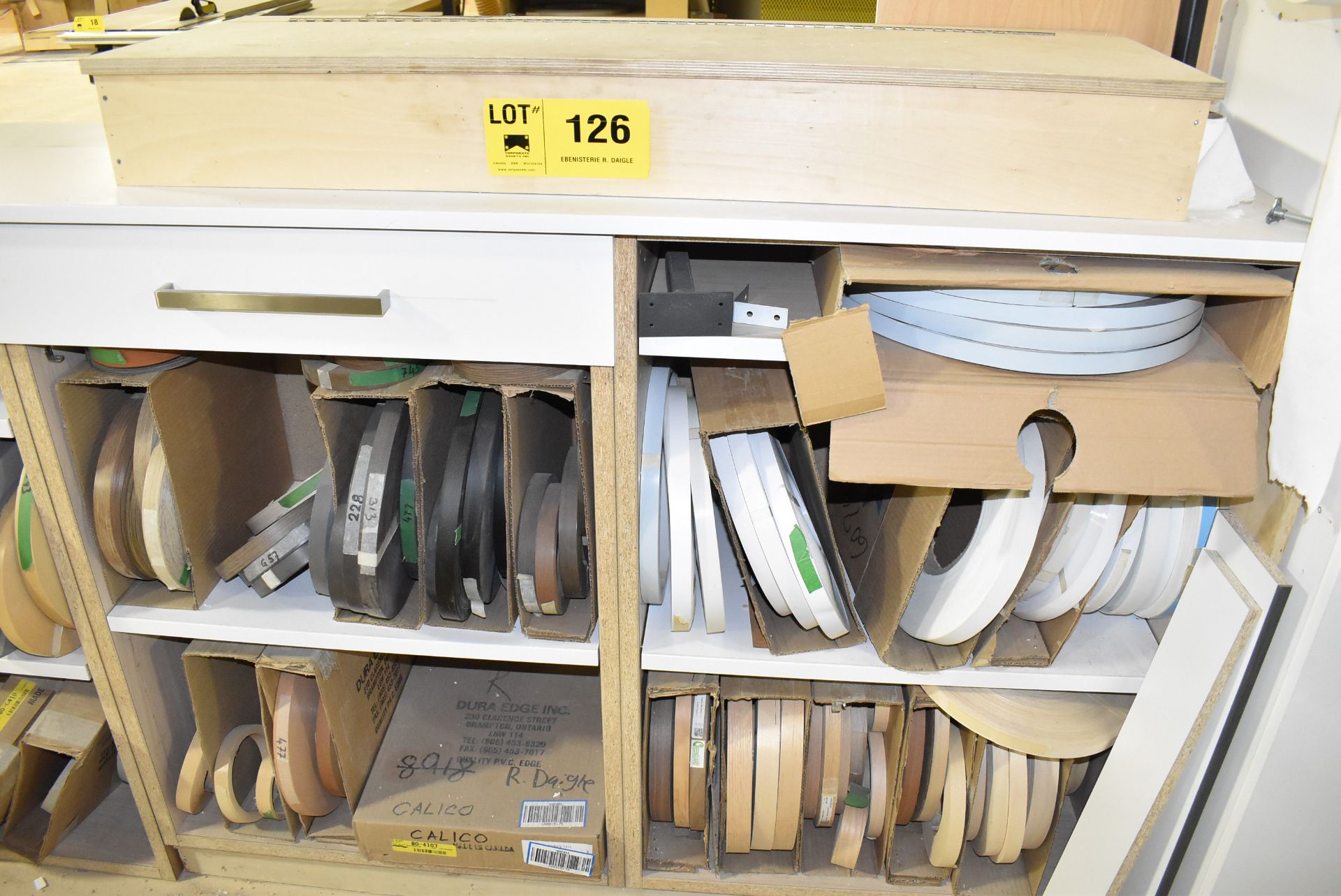 LOT/ CABINET AND SHELVES WITH CONTENTS CONSISTING OF VENEER ROLLS [RIGGING FEE FOR LOT #126 - $45/ - Image 2 of 5