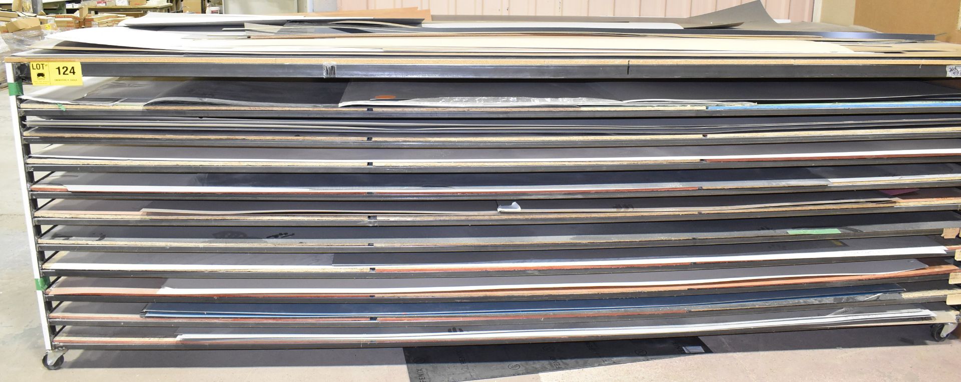 LOT/ ROLLING RACK WITH CONTENTS CONSISTING OF VENEER SHEETS [RIGGING FEE FOR LOT #124 - $45/LIFT - Image 2 of 4