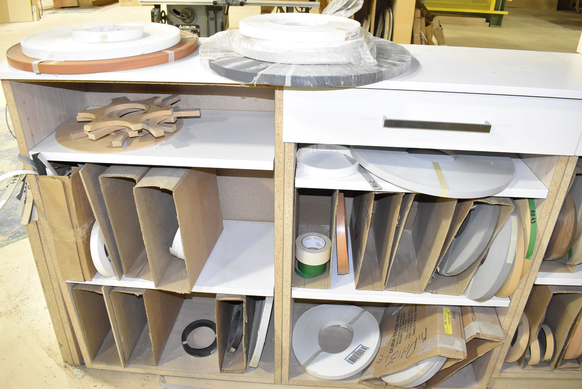 LOT/ CABINET AND SHELVES WITH CONTENTS CONSISTING OF VENEER ROLLS [RIGGING FEE FOR LOT #126 - $45/ - Image 3 of 5
