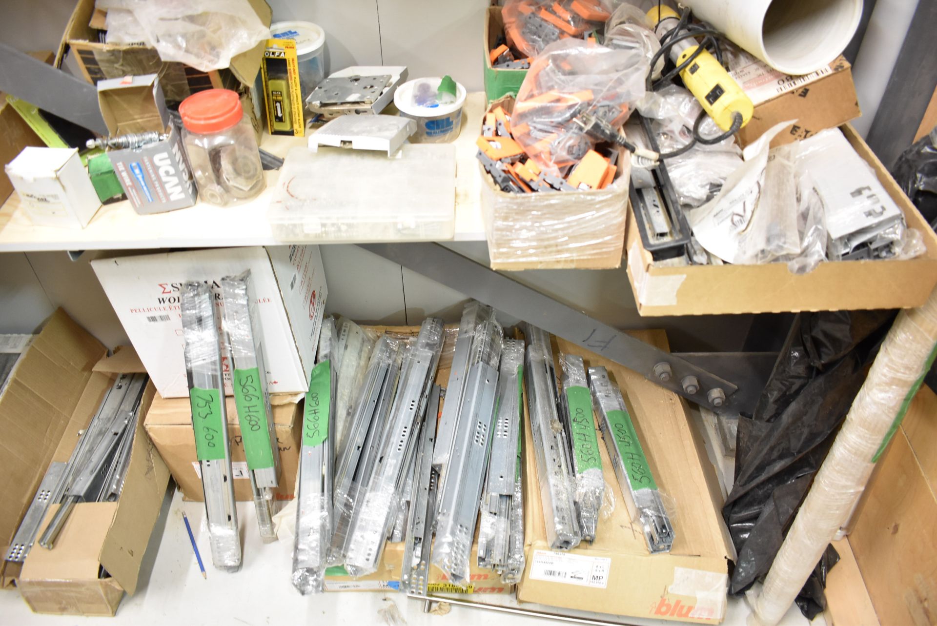 LOT/ CONTENTS OF STORAGE ROOM CONSISTING OF BLUM CABINET HARDWARE, SEALS AND SUPPLIES [RIGGING FEE - Image 2 of 18