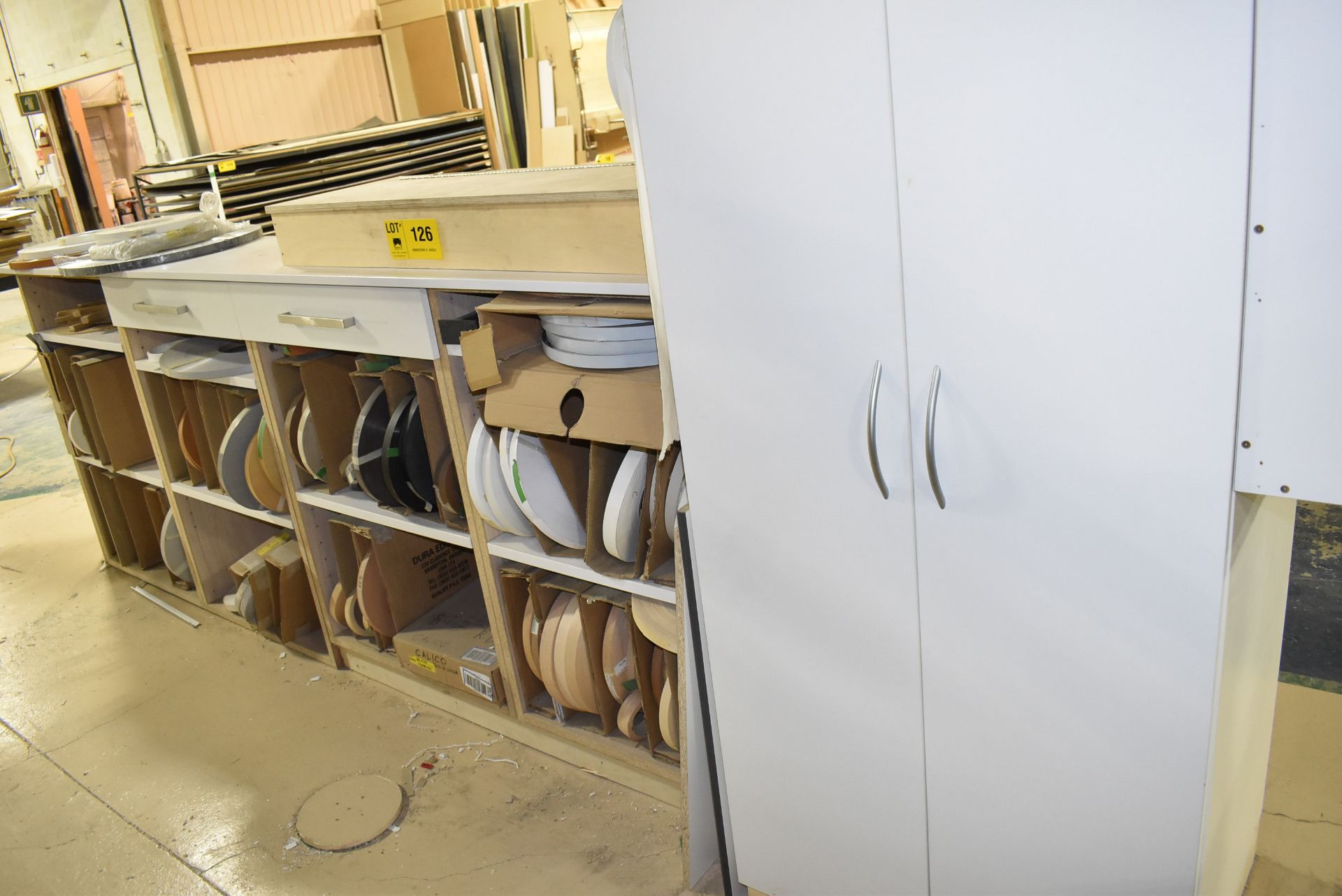 LOT/ CABINET AND SHELVES WITH CONTENTS CONSISTING OF VENEER ROLLS [RIGGING FEE FOR LOT #126 - $45/