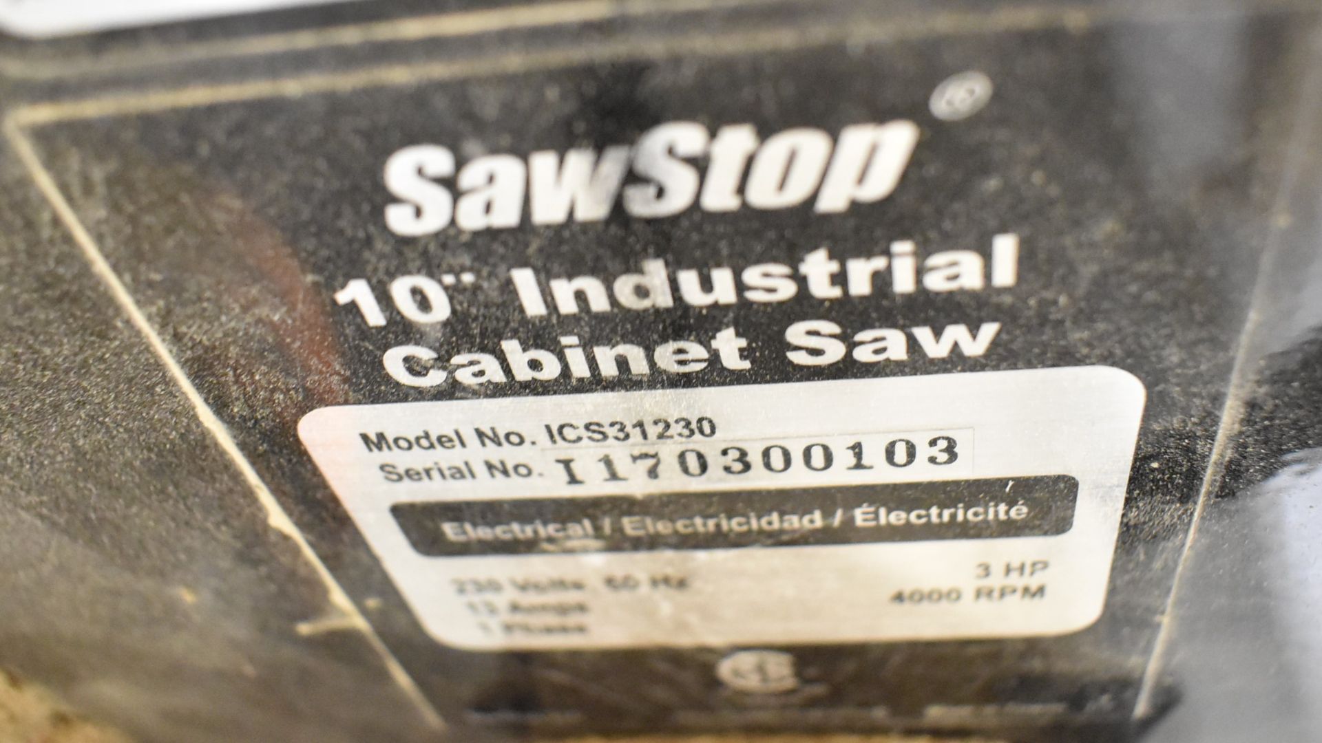 SAWSTOP ICS31230 10" INDUSTRIAL CABINET SAW WITH 3 HP MOTOR, SPEEDS TO 4,000 RPM, S/N I170300103 ( - Image 5 of 6