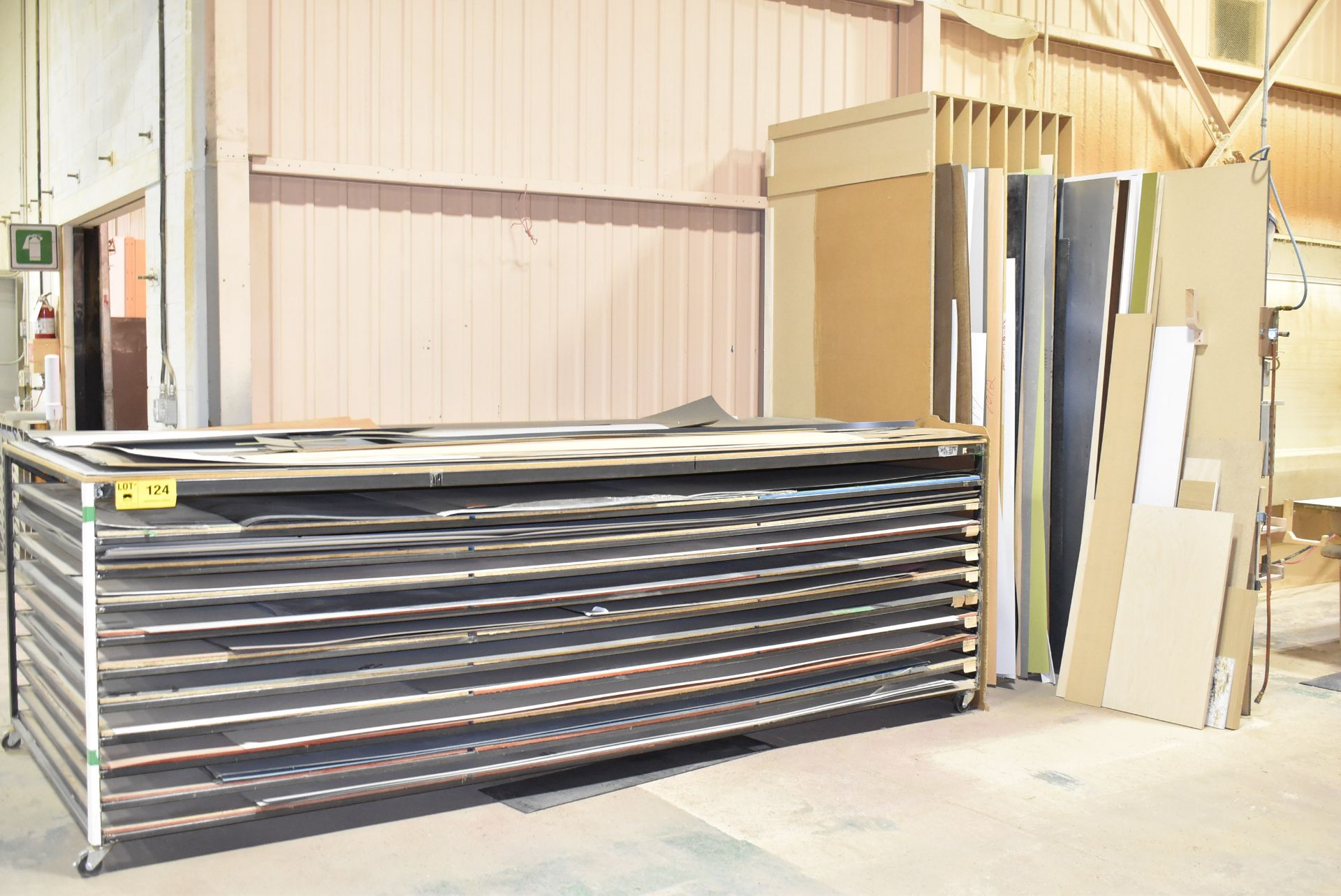 LOT/ ROLLING RACK WITH CONTENTS CONSISTING OF VENEER SHEETS [RIGGING FEE FOR LOT #124 - $45/LIFT