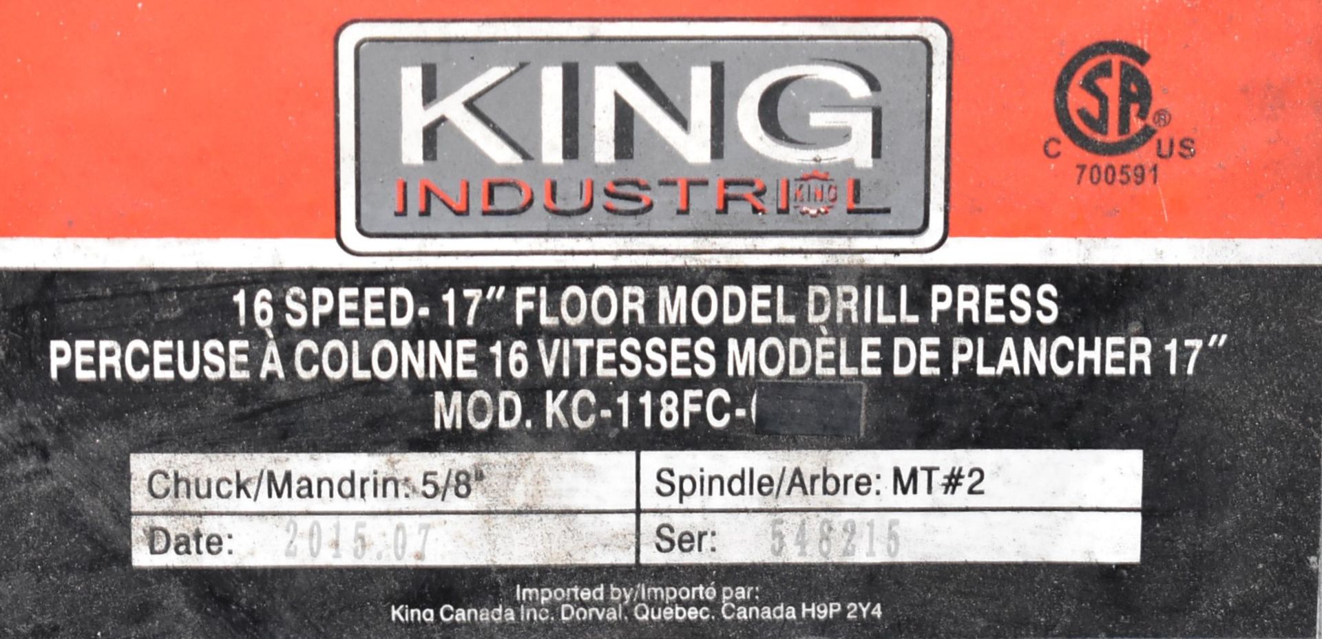 KING INDUSTRIAL (2015) KC-118FC 16-SPEED 17" FLOOR-TYPE DRILL PRESS WITH MT#2 SPINDLE, S/N 548215 - Image 3 of 5