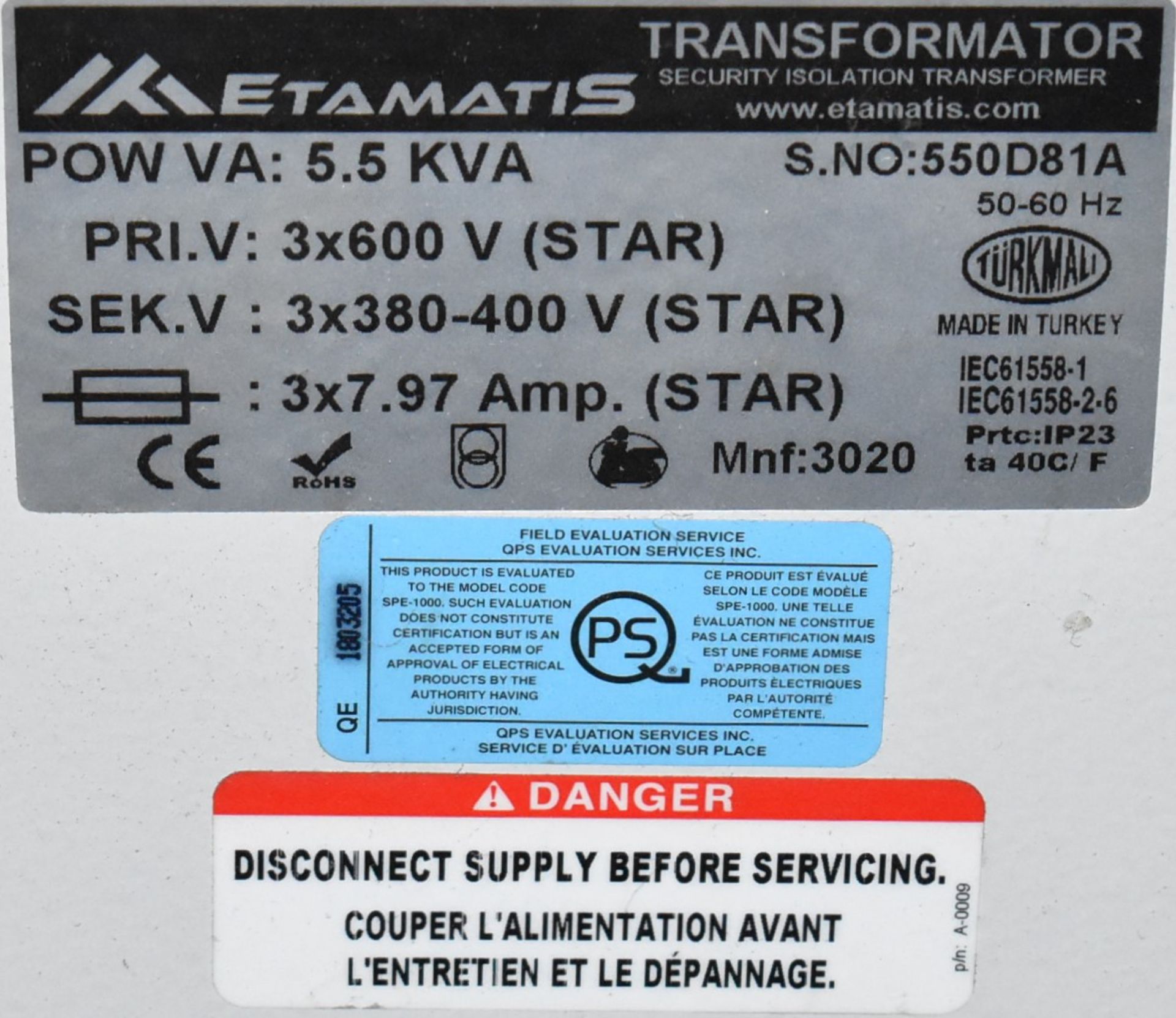 ETAMATIS 5.5 KVA TRANSFORMER, 380-400-600V/3PH/50-60HZ, S/N 550D81A (CI) - Image 2 of 2