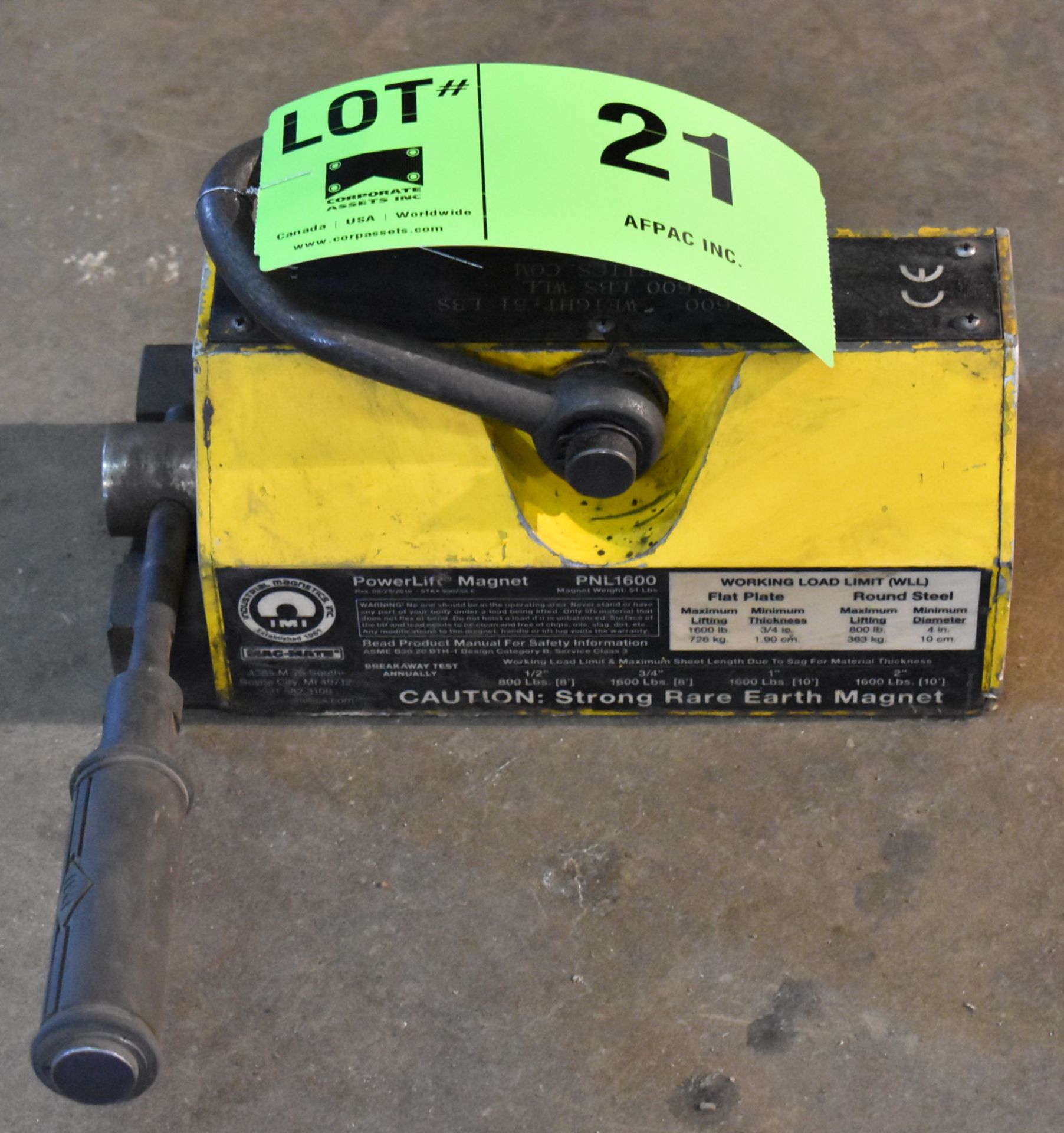 IMI MAG-MATE PNL1600 POWERLIFT MAGNET WITH 1,600 LB MAXIMUM FLAT PLATE LIFTING CAPACITY, S/N W56471 - Image 2 of 4