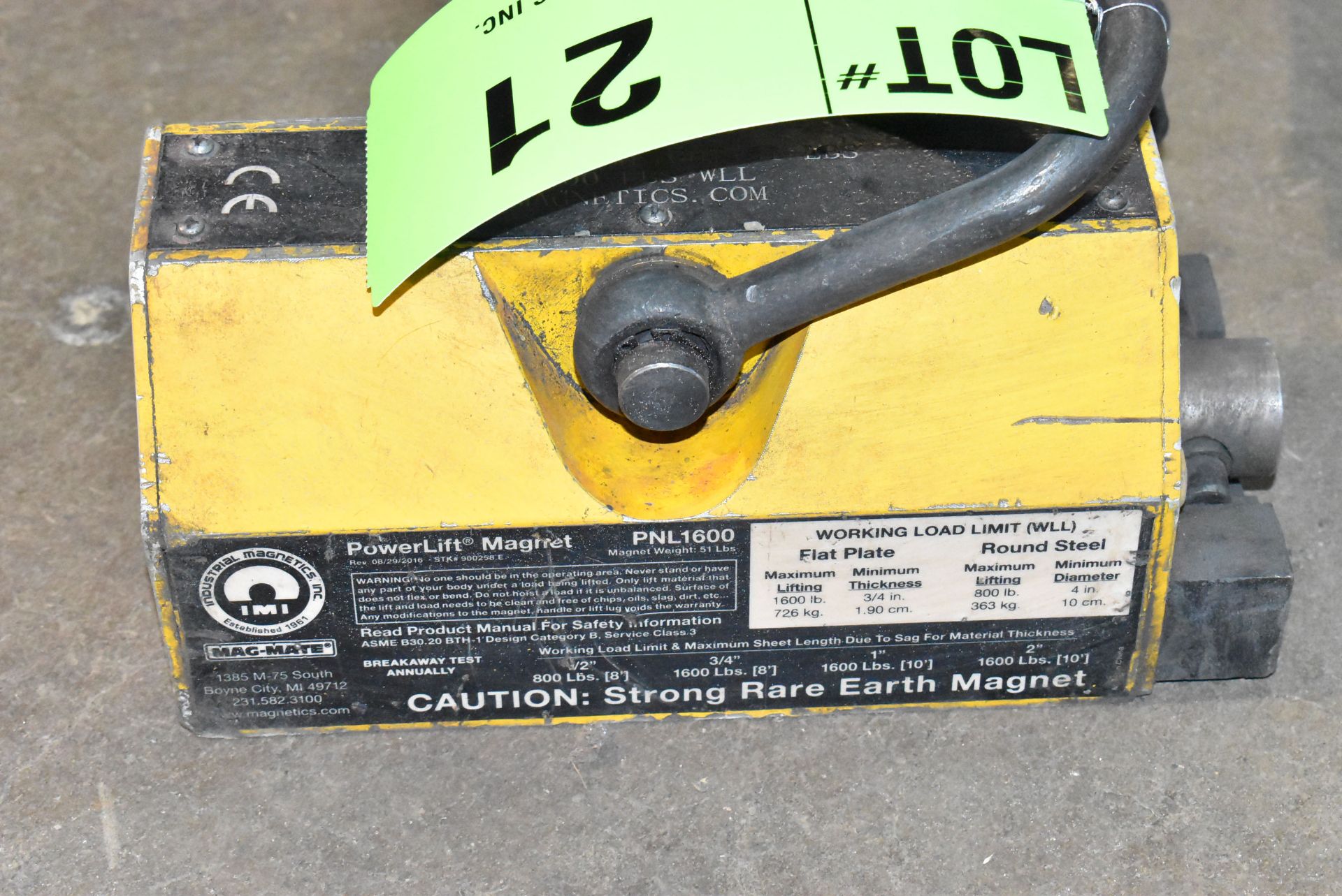 IMI MAG-MATE PNL1600 POWERLIFT MAGNET WITH 1,600 LB MAXIMUM FLAT PLATE LIFTING CAPACITY, S/N W56471 - Image 3 of 4