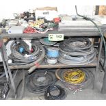 LOT/ SHOP TABLE WITH CONTENTS CONSISTING OF ELECTRICAL COMPONENTS, WIRE AND HYDRAULIC HOSE