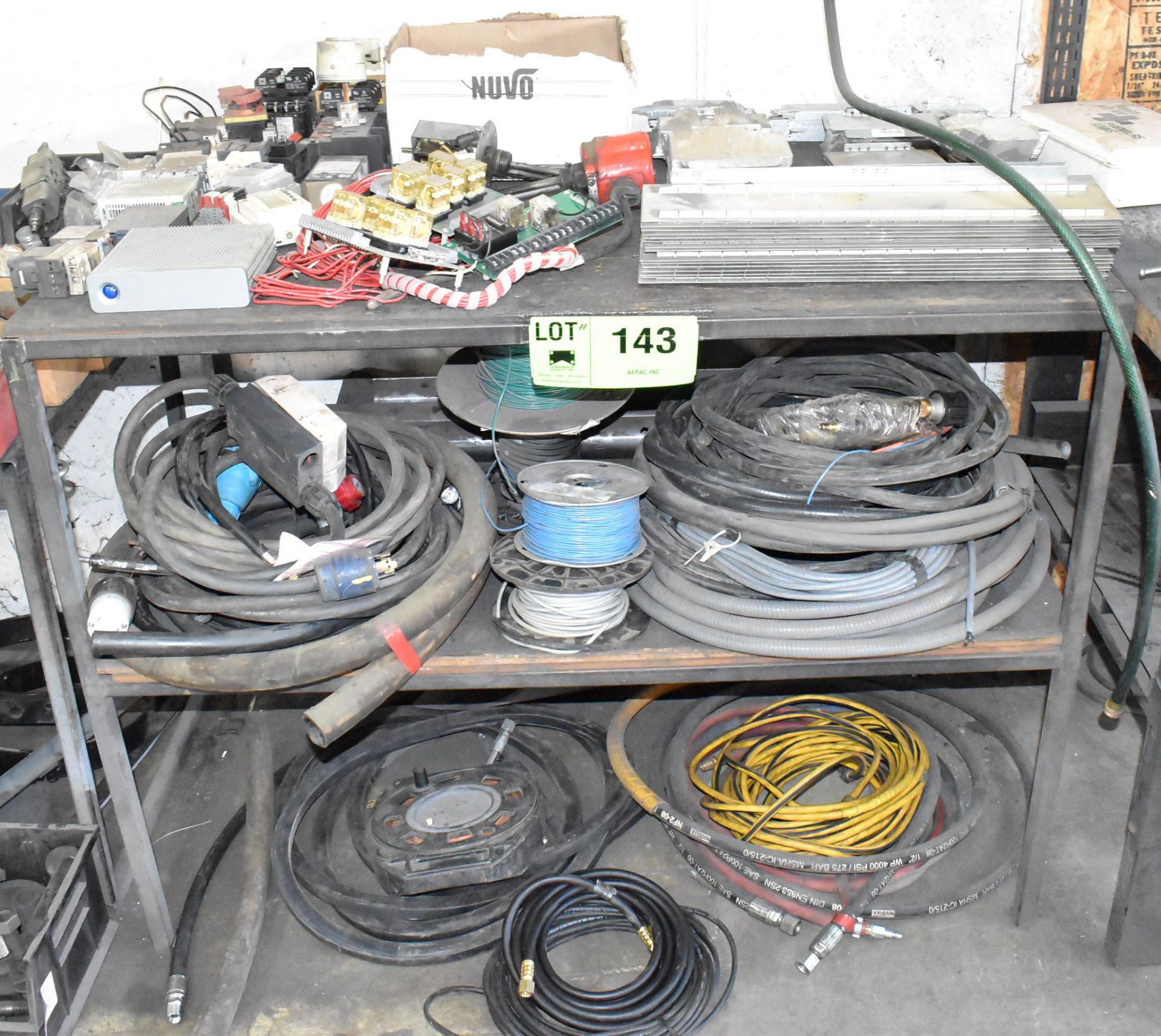 LOT/ SHOP TABLE WITH CONTENTS CONSISTING OF ELECTRICAL COMPONENTS, WIRE AND HYDRAULIC HOSE