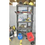 LOT/ SHELF WITH CONTENTS CONSISTING OF HARD HATS, SNOW BRUSHES, WASHER FLUID, ROPE AND TIE DOWN