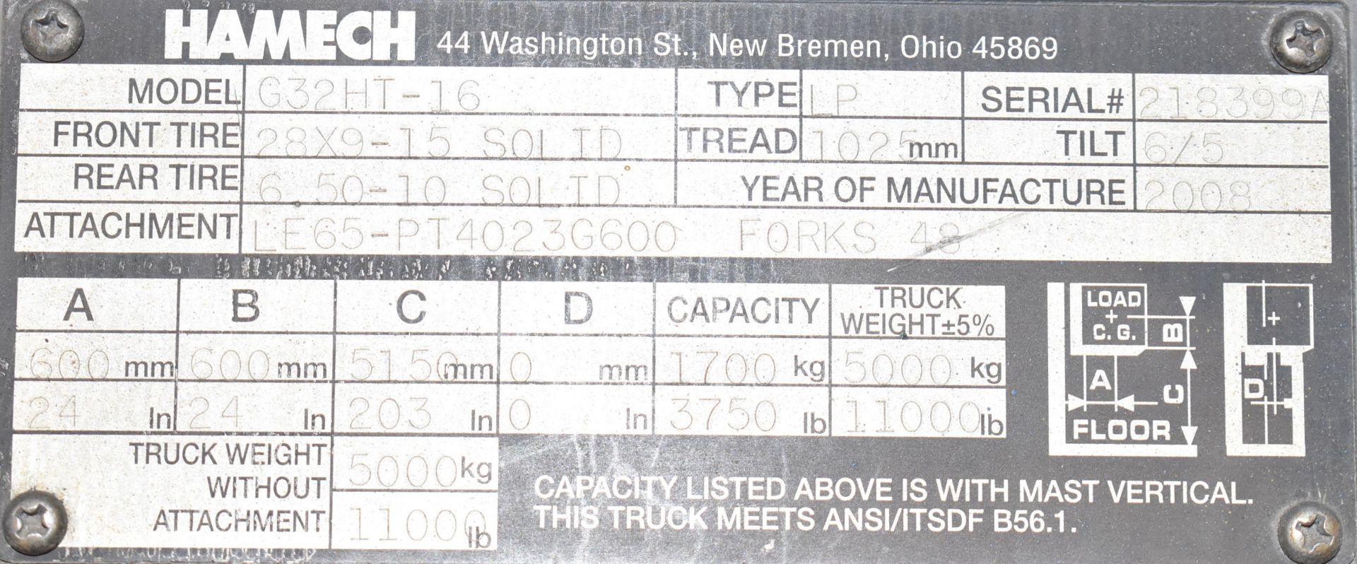 HAMECH (2008) G32HT-16 3,750 LB CAPACITY LPG FORKLIFT WITH 203" MAXIMUM VERTICAL REACH, 48" FORKS, - Image 5 of 10