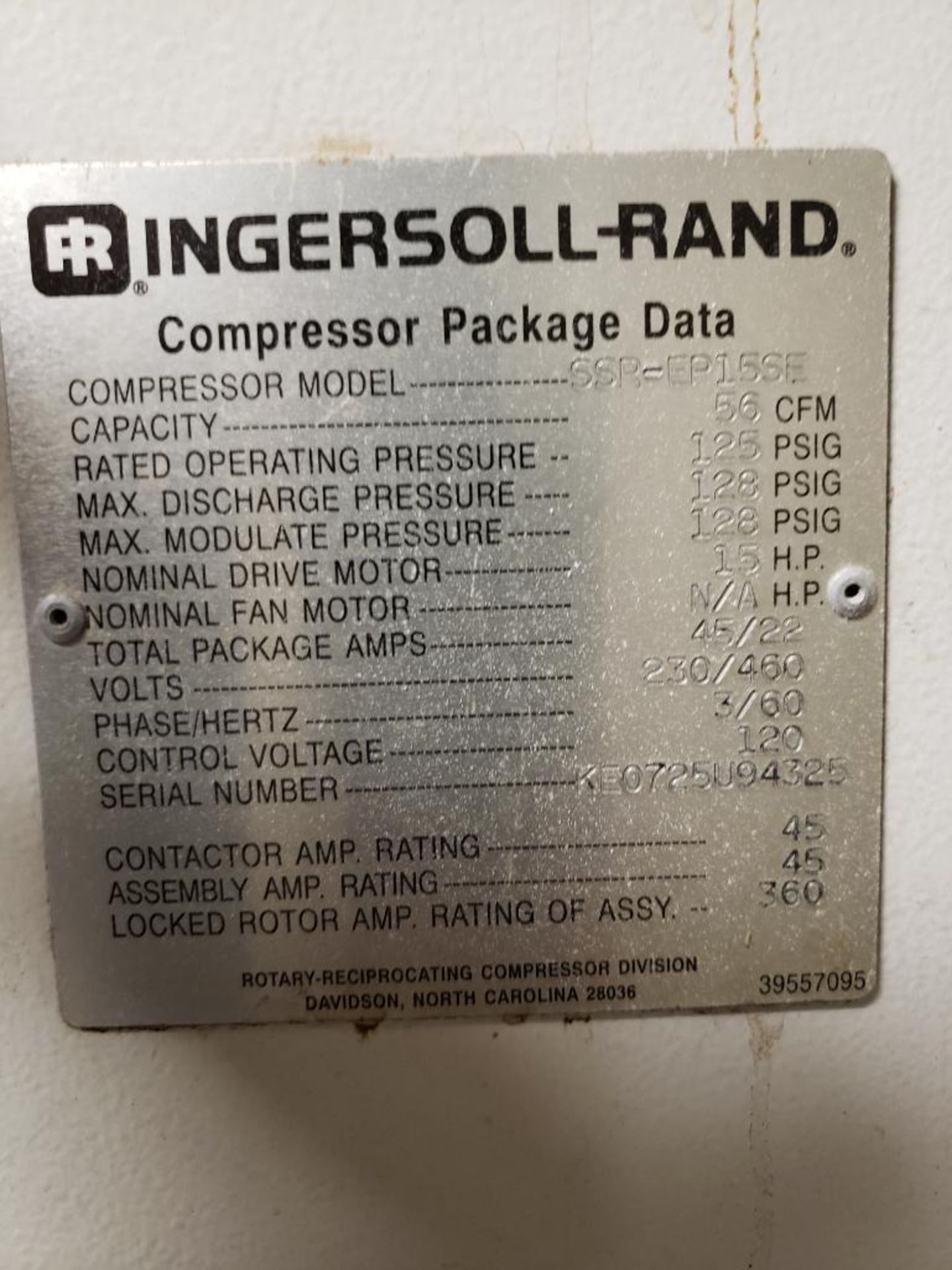 Ingersoll Rand 15 HP Rotary Screw Air Compressor - Image 2 of 2