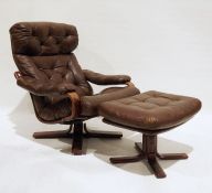 Modern reclining armchair and footstool in brown leather buttonback upholstery