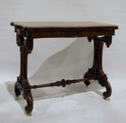 Early Victorian burr walnut side table, the lozenge-shaped top with moulded edge, on moulded end