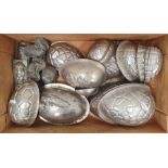 Quantity of old tin chocolate moulds to include Easter eggs, chickens, figures and others and a
