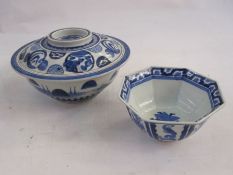 Chinese porcelain bowl and cover with underglaze blue lakeside decoration to the bowl and circular