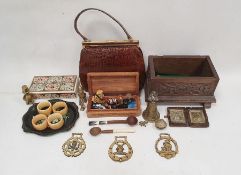 Crocodile handbag, a quantity of shells, a small quantity of decorative brassware, an Eastern