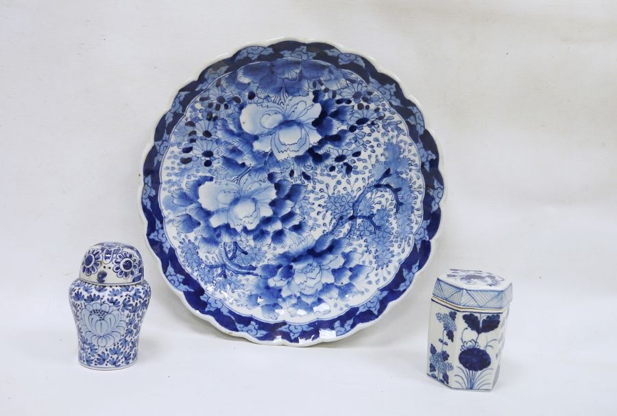 Japanese blue and white charger with floral decoration, ring mark to base, a hexagonal-shaped