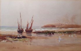 J W Milliken  Watercolour Fishing boats on sandy beach, signed and dated '87 lower left, 17cm x 27.