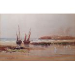 J W Milliken  Watercolour Fishing boats on sandy beach, signed and dated '87 lower left, 17cm x 27.