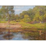 H S L Oil on panel Wooded river bank, initialled lower right, 34cm x 44cm