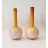 Pair of Victorian Stourbridge Thomas Webb satin glass vases with pink opalescent body to yellow neck