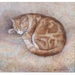 Mary Carter Oil on board "The Sleeping Ginger Cat", signed lower right and dated 1992, 10cm x 11cm