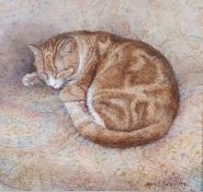 Mary Carter Oil on board "The Sleeping Ginger Cat", signed lower right and dated 1992, 10cm x 11cm