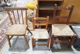 Rush seated beech children's chair and two further children's chairs, one in need of repair.
