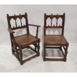 Set of eight (6+2) early 20th century oak dining chairs with carved backs, on turned and block front
