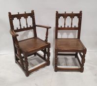 Set of eight (6+2) early 20th century oak dining chairs with carved backs, on turned and block front