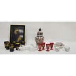 Chinese Imari pattern fluted baluster vase and cover, 23cm high, a set of lacquered beakers and