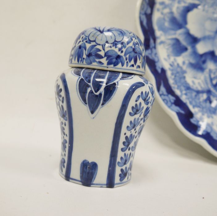 Japanese blue and white charger with floral decoration, ring mark to base, a hexagonal-shaped - Image 3 of 4