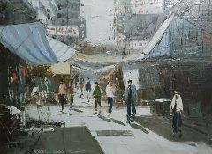 Fung-Sau (?) Street scene with figures in sunlight, signed indistinctly, 28cm x 38cm