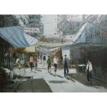 Fung-Sau (?) Street scene with figures in sunlight, signed indistinctly, 28cm x 38cm