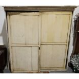 19th century vintage painted pine housekeeper's cupboard with sliding doors, assorted shelves, 210cm