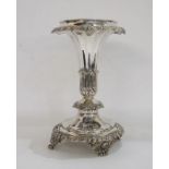 Silver-plated table centrepiece with fruiting vine and everted rim, panelled foliate column,