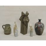 Collection of studio stoneware and Lladro figures, comprising a studio pottery lamp base decorated