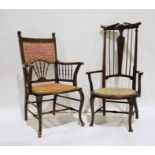 Mahogany framed chair with carved top rail, with upholstered back and spindled lower half,