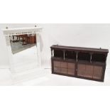 Grey painted wall-hanging shelving unit with two tile fronted doors, a mirrored wall-hanging
