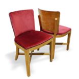 Set of four Art Deco satin birch dining chairs with red upholstered seat and back, square section
