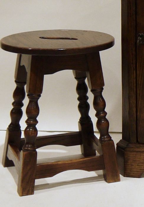 20th century oak circular seated stool, turned block supports, together with oak occasional table, - Image 2 of 2