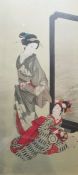 Japanese woodblock colour print of two geishas in interior, 90cm x 41cm