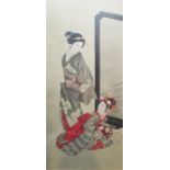 Japanese woodblock colour print of two geishas in interior, 90cm x 41cm